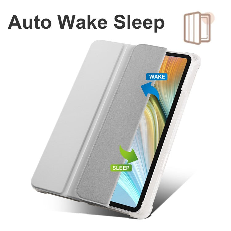 For Honor Pad 8 Trifold Stand Tablet Case with Pencil Holder PU Leather Transparent TPU Back Cover, Auto Wake / Sleep - Grey