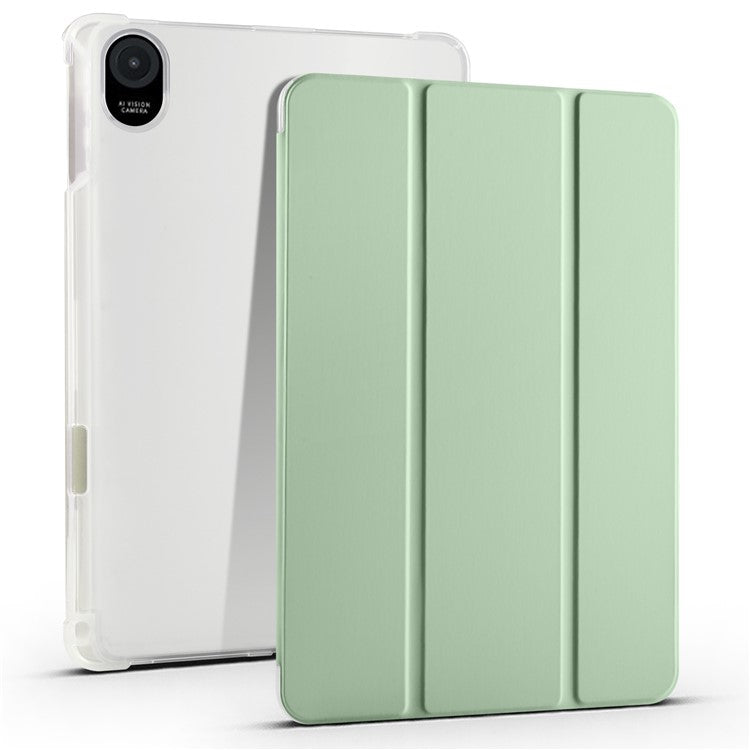 For Honor Pad 8 Trifold Stand Tablet Case with Pencil Holder PU Leather Transparent TPU Back Cover, Auto Wake / Sleep - Matcha Green
