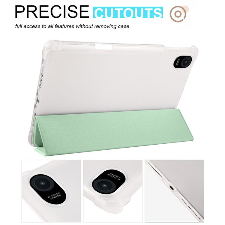 For Honor Pad 8 Trifold Stand Tablet Case with Pencil Holder PU Leather Transparent TPU Back Cover, Auto Wake / Sleep - Matcha Green