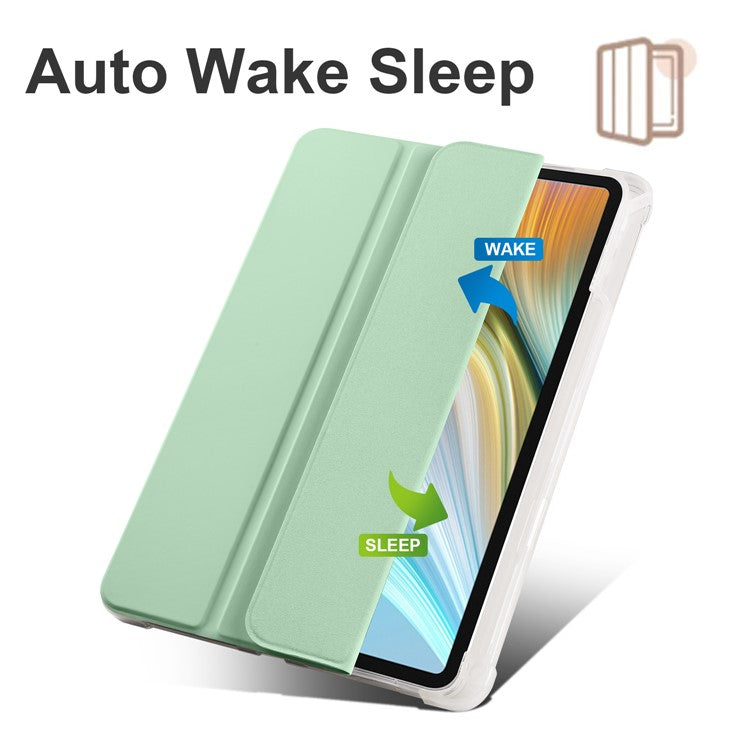 For Honor Pad 8 Trifold Stand Tablet Case with Pencil Holder PU Leather Transparent TPU Back Cover, Auto Wake / Sleep - Matcha Green