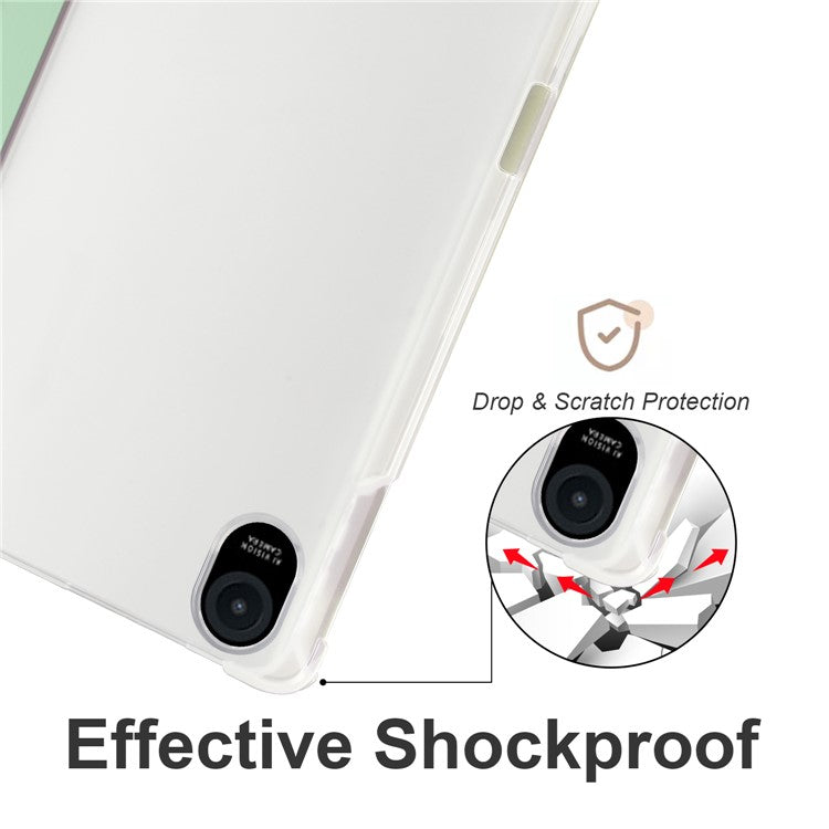 For Honor Pad 8 Trifold Stand Tablet Case with Pencil Holder PU Leather Transparent TPU Back Cover, Auto Wake / Sleep - Matcha Green