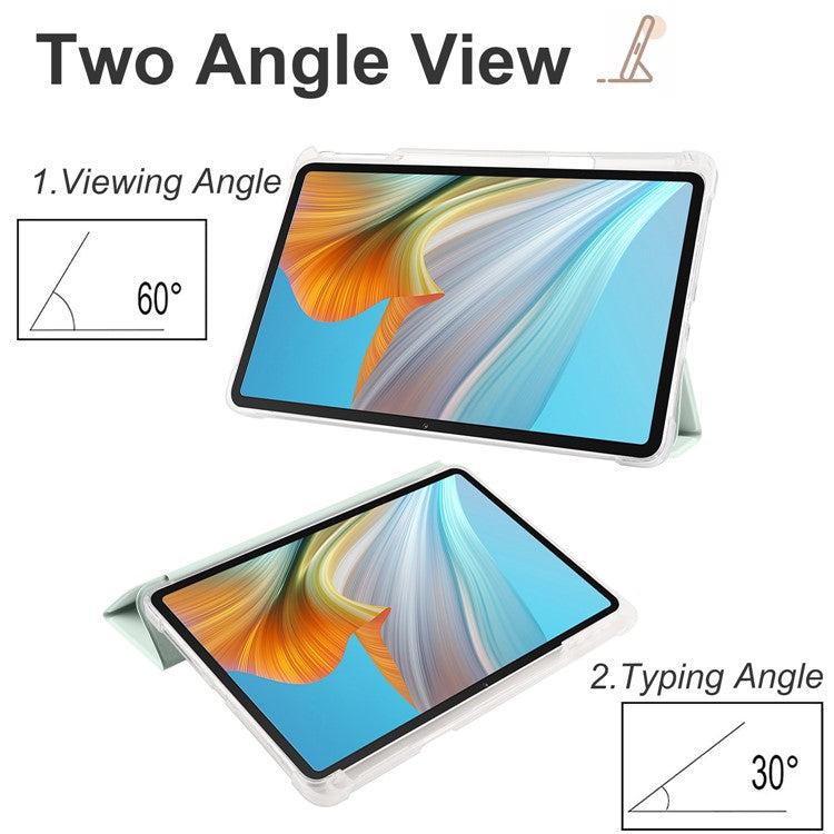 For Honor Pad 8 Trifold Stand Tablet Case with Pencil Holder PU Leather Transparent TPU Back Cover, Auto Wake / Sleep - Light Green