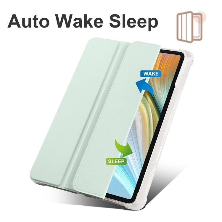 For Honor Pad 8 Trifold Stand Tablet Case with Pencil Holder PU Leather Transparent TPU Back Cover, Auto Wake / Sleep - Light Green