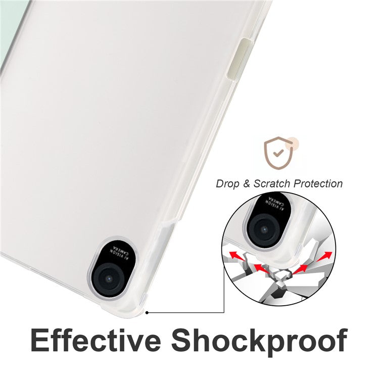 For Honor Pad 8 Trifold Stand Tablet Case with Pencil Holder PU Leather Transparent TPU Back Cover, Auto Wake / Sleep - Light Green