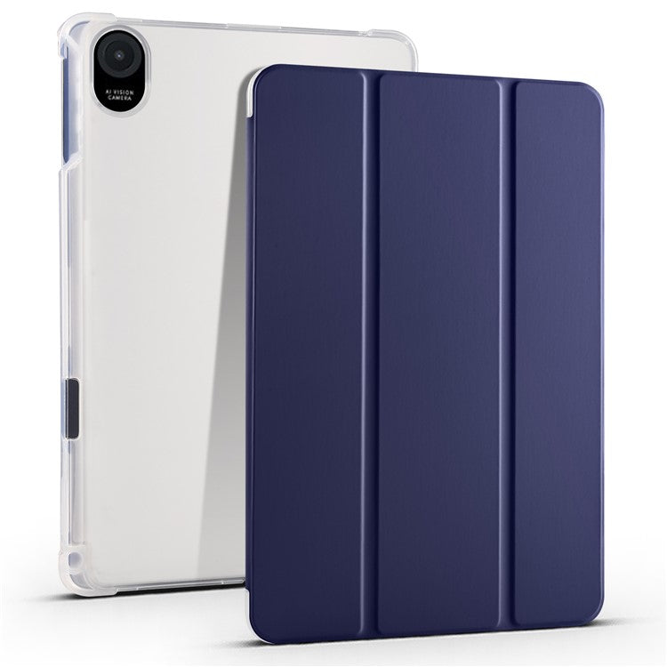 For Honor Pad 8 Trifold Stand Tablet Case with Pencil Holder PU Leather Transparent TPU Back Cover, Auto Wake / Sleep - Dark Blue