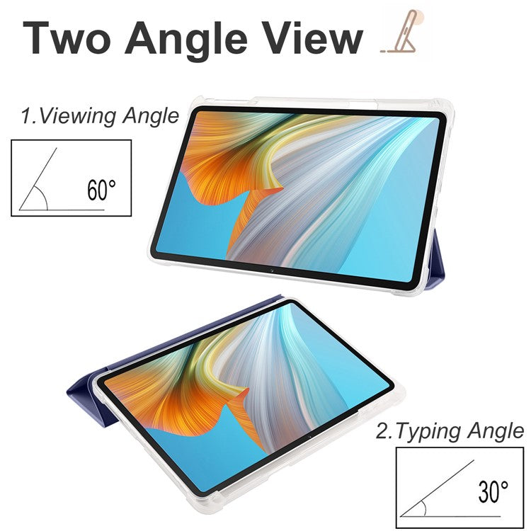 For Honor Pad 8 Trifold Stand Tablet Case with Pencil Holder PU Leather Transparent TPU Back Cover, Auto Wake / Sleep - Dark Blue