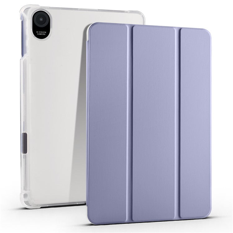 For Honor Pad 8 Trifold Stand Tablet Case with Pencil Holder PU Leather Transparent TPU Back Cover, Auto Wake / Sleep - Purple