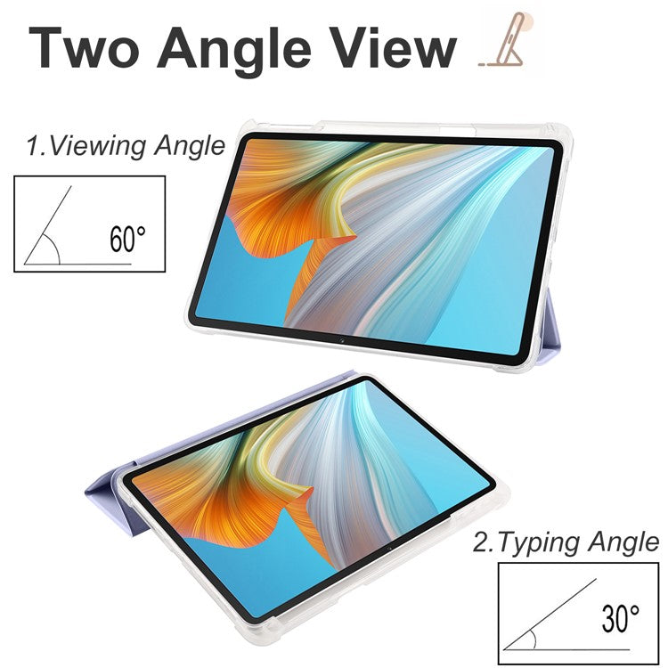 For Honor Pad 8 Trifold Stand Tablet Case with Pencil Holder PU Leather Transparent TPU Back Cover, Auto Wake / Sleep - Purple