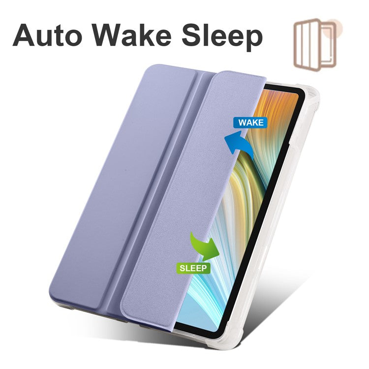For Honor Pad 8 Trifold Stand Tablet Case with Pencil Holder PU Leather Transparent TPU Back Cover, Auto Wake / Sleep - Purple