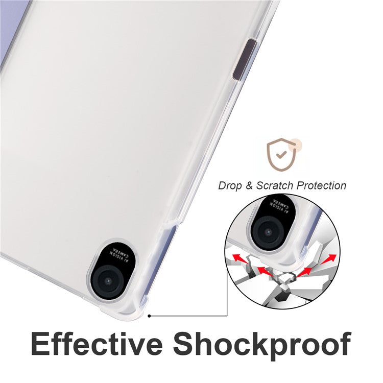 For Honor Pad 8 Trifold Stand Tablet Case with Pencil Holder PU Leather Transparent TPU Back Cover, Auto Wake / Sleep - Purple