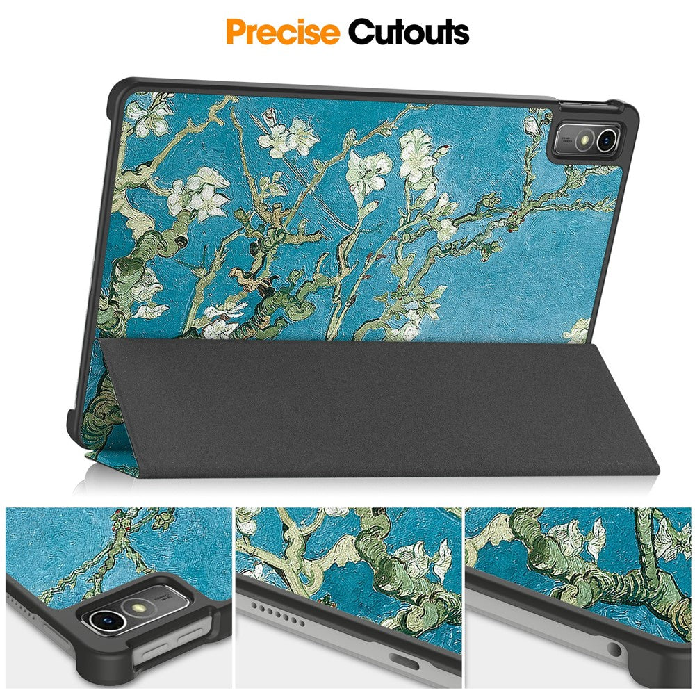 For Lenovo Tab M10 5G PU Leather Trifold Stand Cover Pattern Printing Auto Wake / Sleep Tablet Case - Apricot Blossom