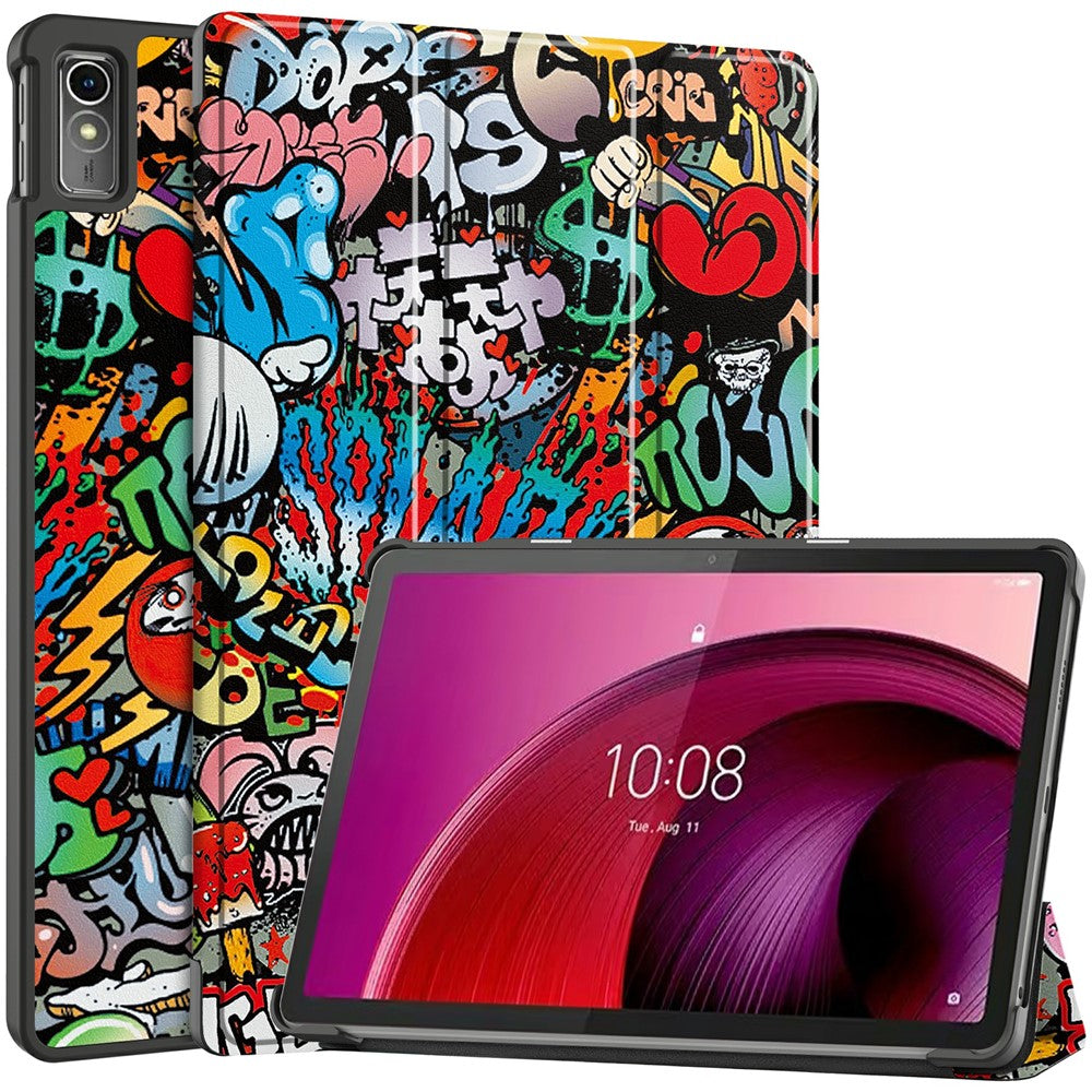 For Lenovo Tab M10 5G PU Leather Trifold Stand Cover Pattern Printing Auto Wake / Sleep Tablet Case - Graffiti