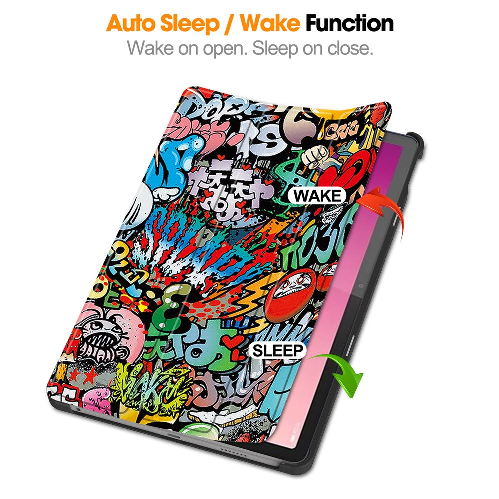 For Lenovo Tab M10 5G PU Leather Trifold Stand Cover Pattern Printing Auto Wake / Sleep Tablet Case - Graffiti