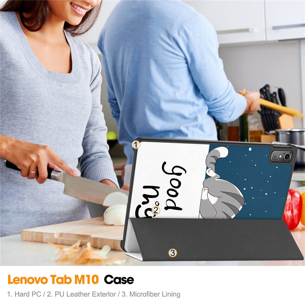 For Lenovo Tab M10 5G PU Leather Trifold Stand Cover Pattern Printing Auto Wake / Sleep Tablet Case - Cat