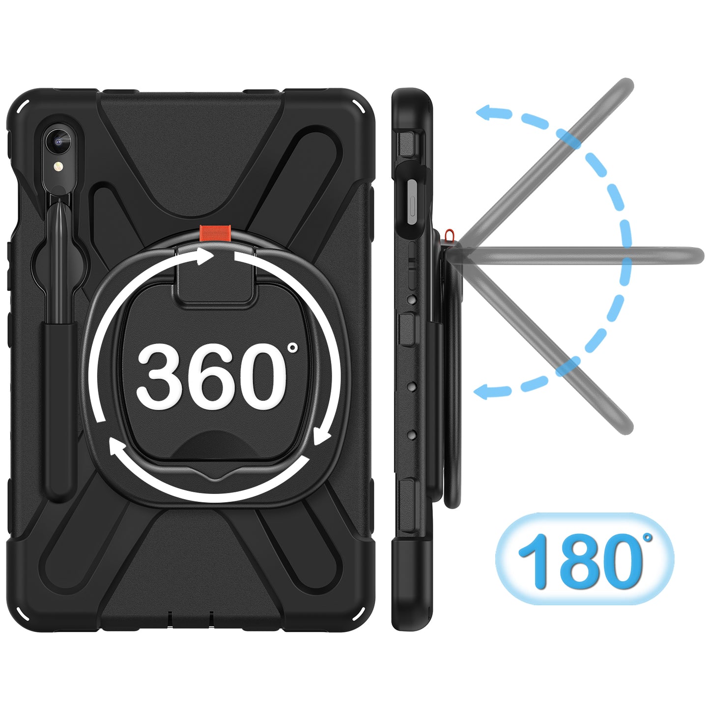 For Samsung Galaxy Tab S9 FE / S9 / S8 / S7 Hard PC+Soft Silicone Case Rotating Kickstand Shockproof Tablet Cover - Black+Black