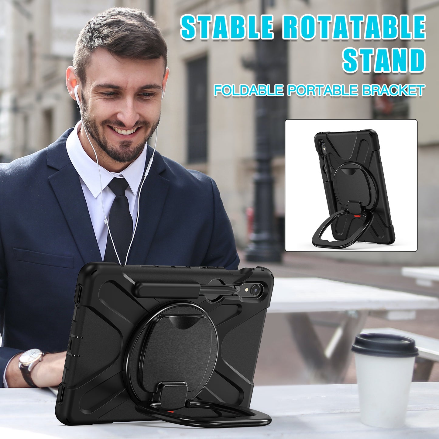 For Samsung Galaxy Tab S9 FE / S9 / S8 / S7 Hard PC+Soft Silicone Case Rotating Kickstand Shockproof Tablet Cover - Black+Black