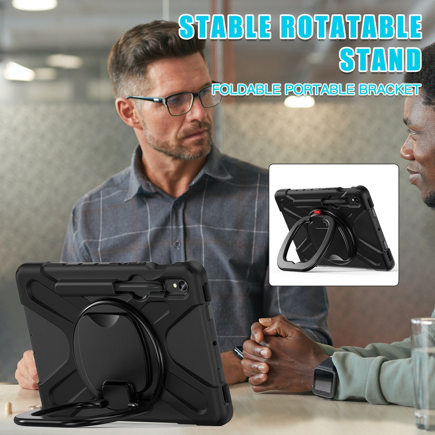 For Samsung Galaxy Tab S9 FE / S9 / S8 / S7 Hard PC+Soft Silicone Case Rotating Kickstand Shockproof Tablet Cover - Black+Black