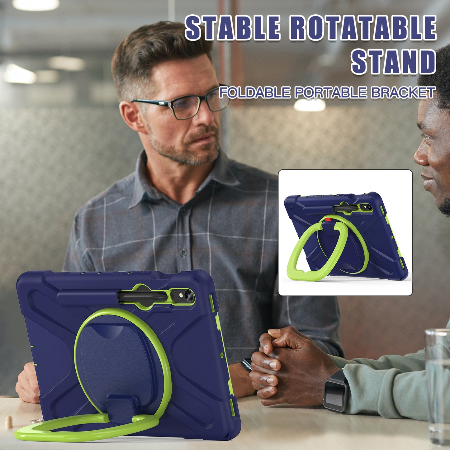 For Samsung Galaxy Tab S9 FE / S9 / S8 / S7 Hard PC+Soft Silicone Case Rotating Kickstand Shockproof Tablet Cover - Navy Blue+Yellowgreen