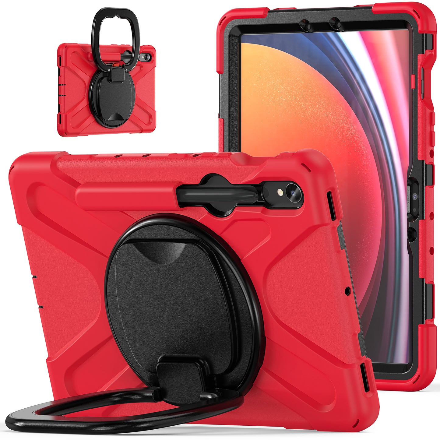 For Samsung Galaxy Tab S9 FE / S9 / S8 / S7 Hard PC+Soft Silicone Case Rotating Kickstand Shockproof Tablet Cover - Red+Black