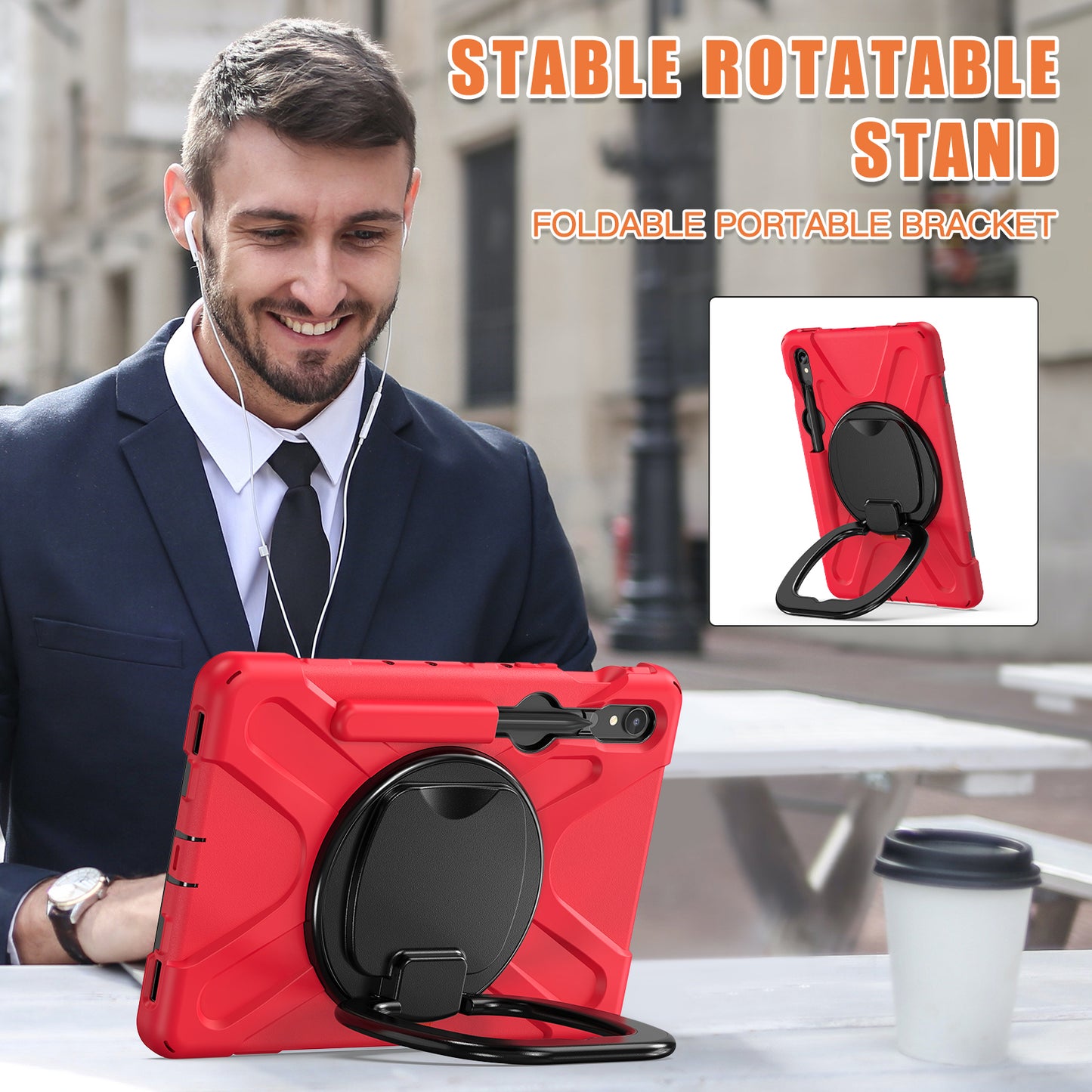 For Samsung Galaxy Tab S9 FE / S9 / S8 / S7 Hard PC+Soft Silicone Case Rotating Kickstand Shockproof Tablet Cover - Red+Black