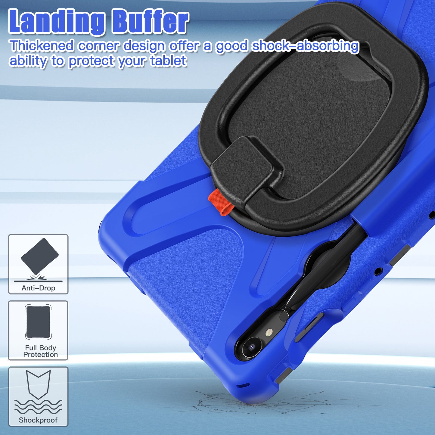 For Samsung Galaxy Tab S9 FE / S9 / S8 / S7 Hard PC+Soft Silicone Case Rotating Kickstand Shockproof Tablet Cover - Blue+Black