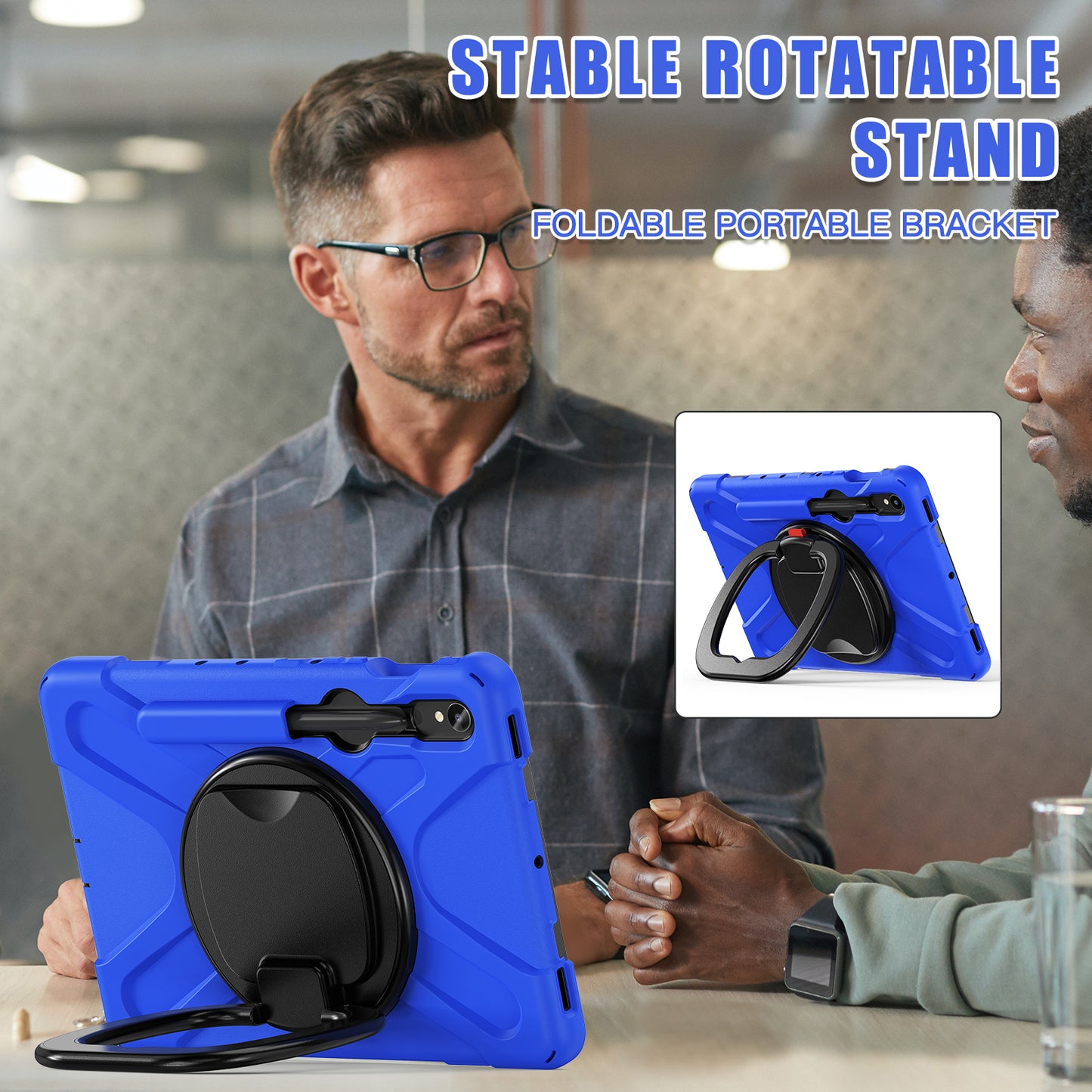 For Samsung Galaxy Tab S9 FE / S9 / S8 / S7 Hard PC+Soft Silicone Case Rotating Kickstand Shockproof Tablet Cover - Blue+Black