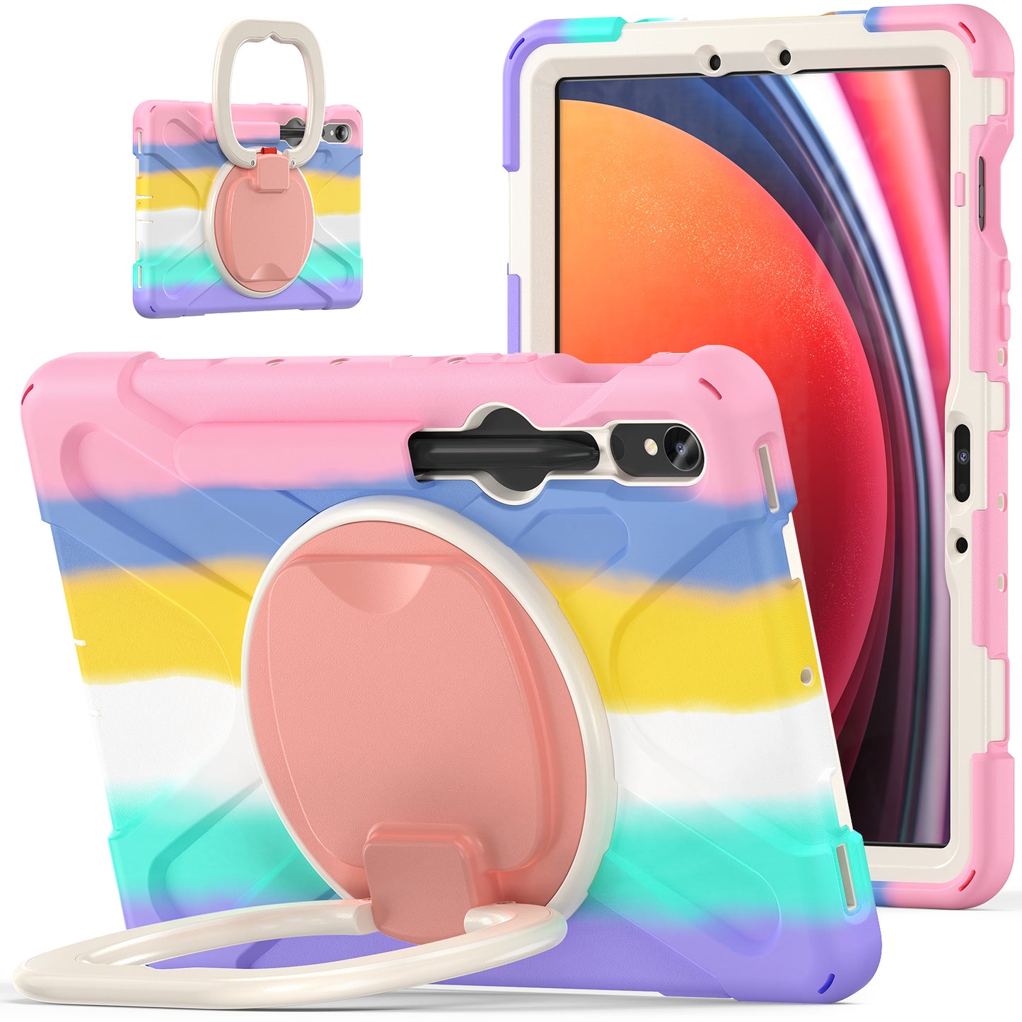 For Samsung Galaxy Tab S9 FE / S9 / S8 / S7 Hard PC+Soft Silicone Case Rotating Kickstand Shockproof Tablet Cover - Colorful Pink