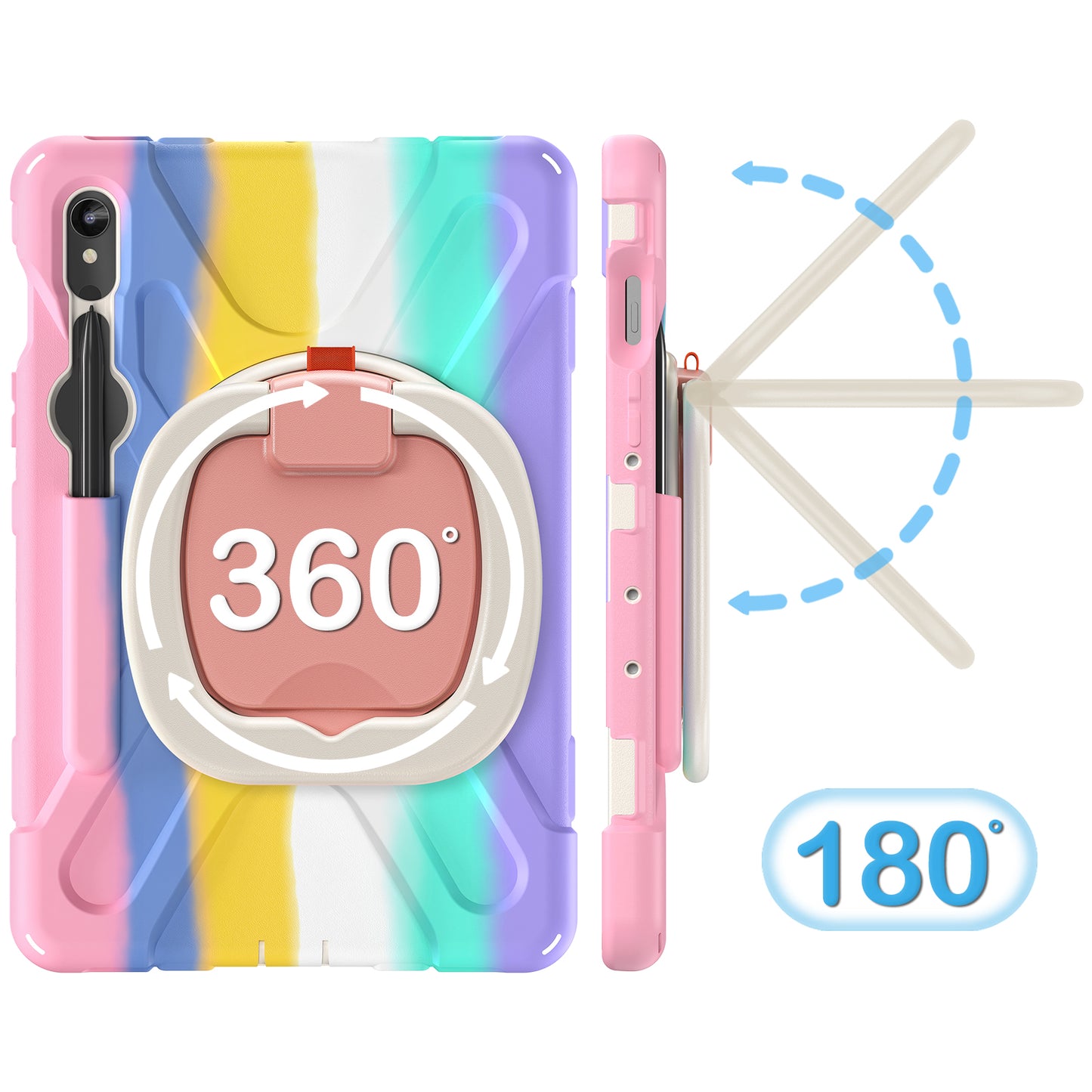 For Samsung Galaxy Tab S9 FE / S9 / S8 / S7 Hard PC+Soft Silicone Case Rotating Kickstand Shockproof Tablet Cover - Colorful Pink