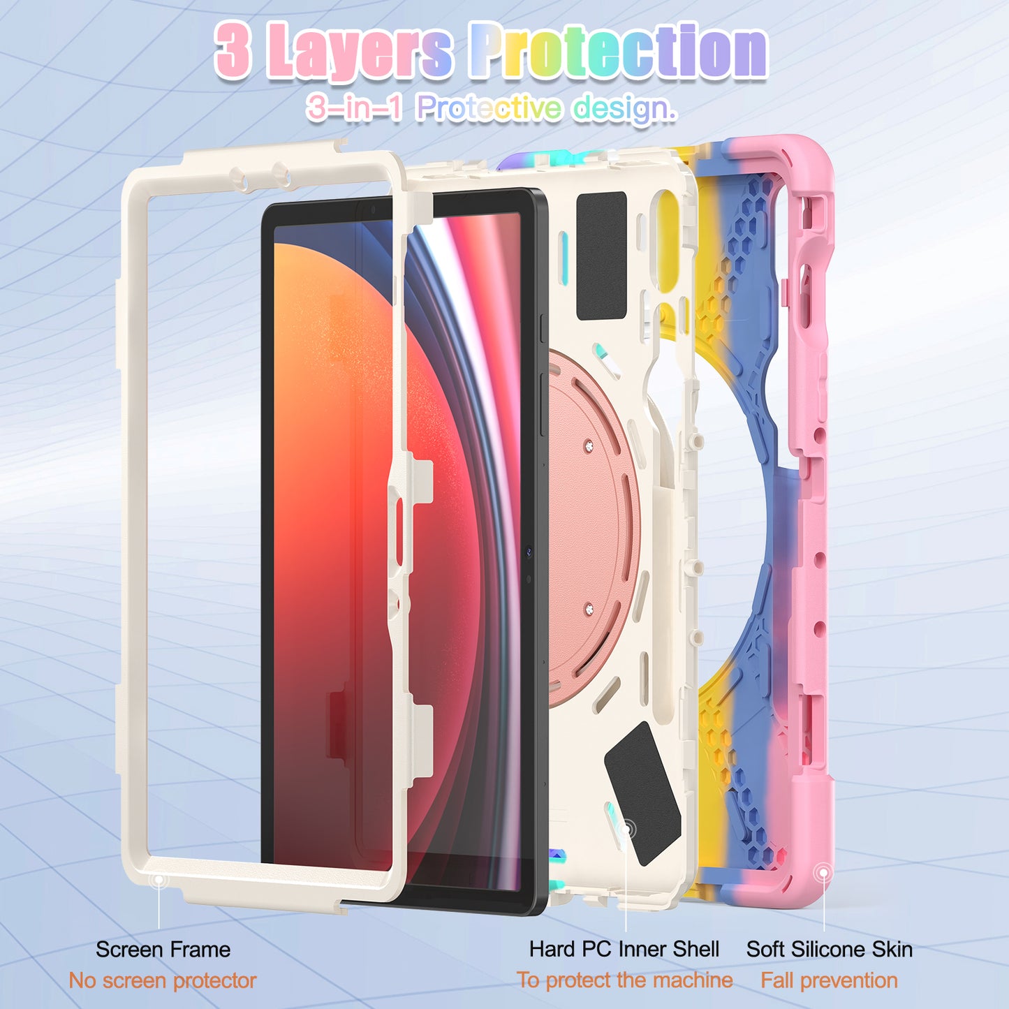 For Samsung Galaxy Tab S9 FE / S9 / S8 / S7 Hard PC+Soft Silicone Case Rotating Kickstand Shockproof Tablet Cover - Colorful Pink