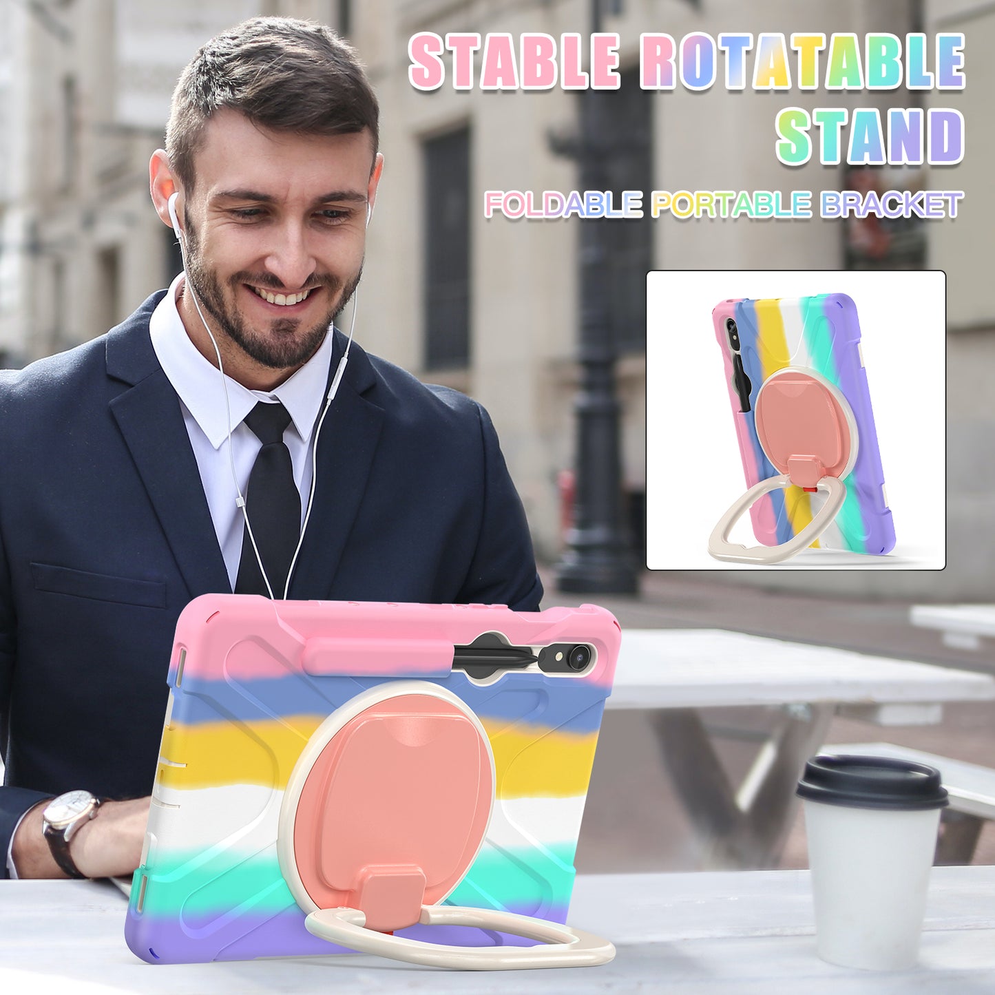 For Samsung Galaxy Tab S9 FE / S9 / S8 / S7 Hard PC+Soft Silicone Case Rotating Kickstand Shockproof Tablet Cover - Colorful Pink