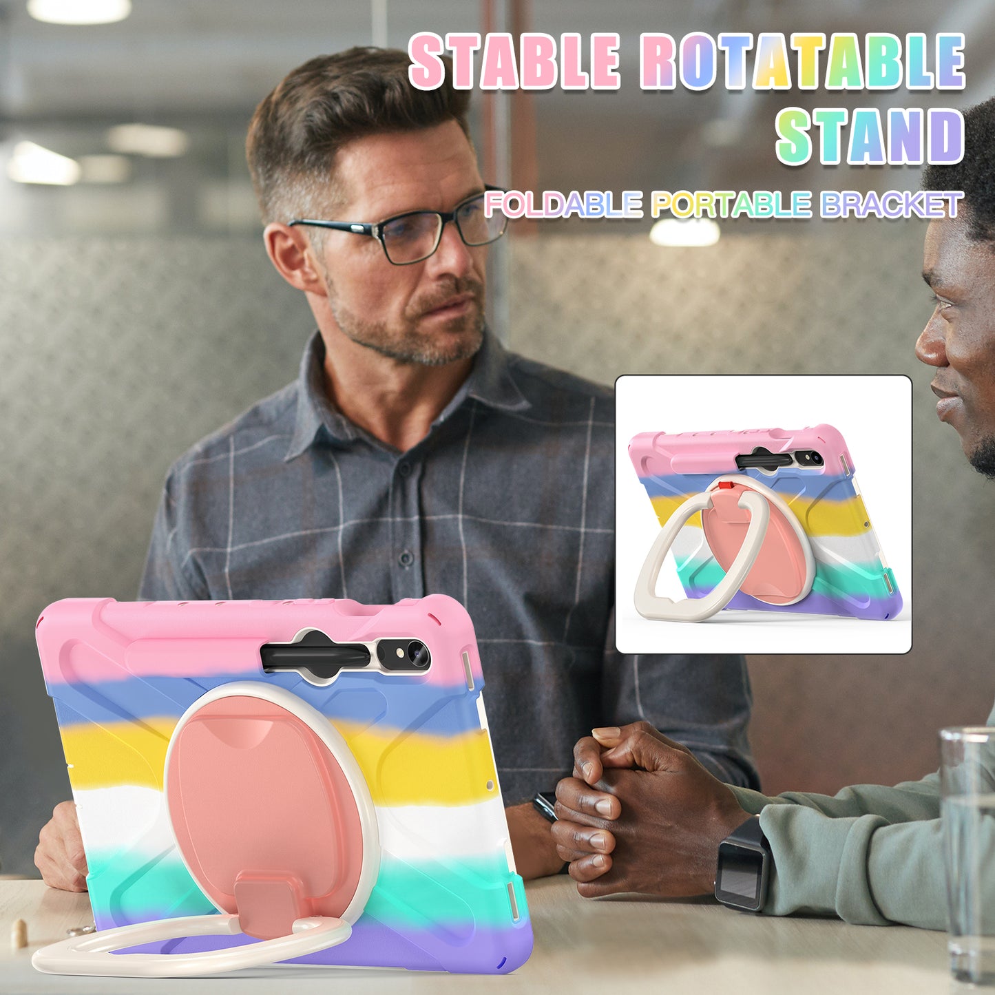 For Samsung Galaxy Tab S9 FE / S9 / S8 / S7 Hard PC+Soft Silicone Case Rotating Kickstand Shockproof Tablet Cover - Colorful Pink