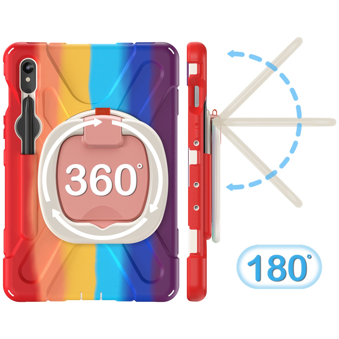 For Samsung Galaxy Tab S9 FE / S9 / S8 / S7 Hard PC+Soft Silicone Case Rotating Kickstand Shockproof Tablet Cover - Colorful Red