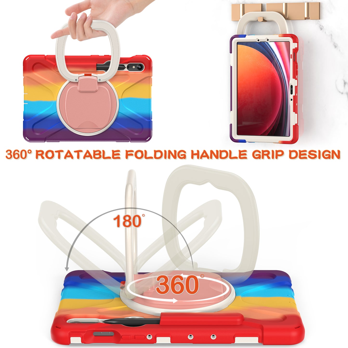 For Samsung Galaxy Tab S9 FE / S9 / S8 / S7 Hard PC+Soft Silicone Case Rotating Kickstand Shockproof Tablet Cover - Colorful Red