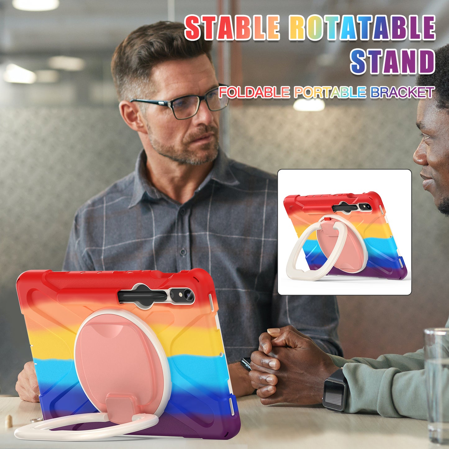 For Samsung Galaxy Tab S9 FE / S9 / S8 / S7 Hard PC+Soft Silicone Case Rotating Kickstand Shockproof Tablet Cover - Colorful Red