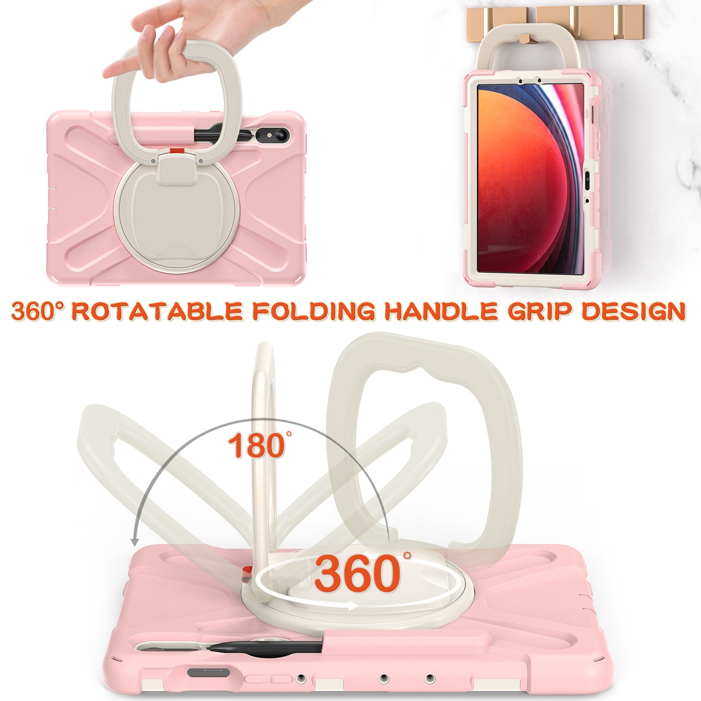 For Samsung Galaxy Tab S9 FE / S9 / S8 / S7 Hard PC+Soft Silicone Case Rotating Kickstand Shockproof Tablet Cover - Pink