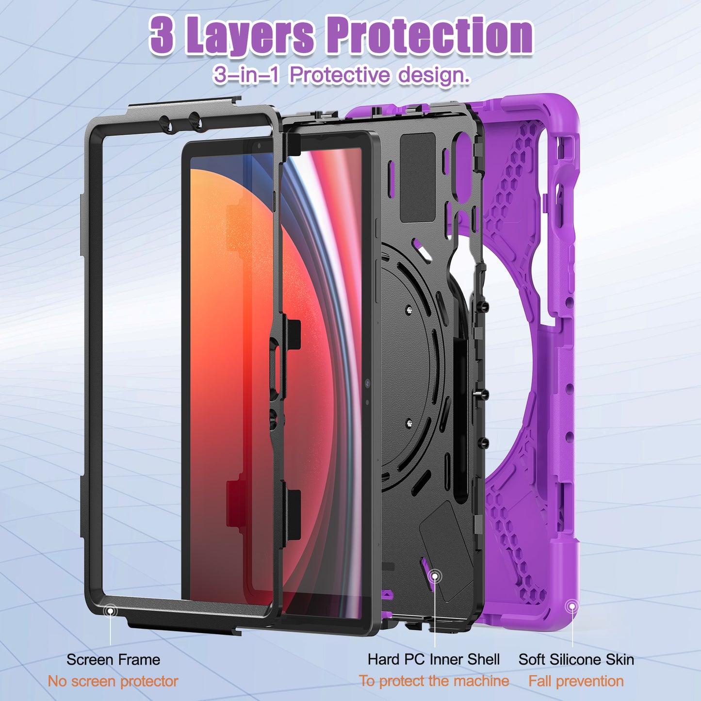 For Samsung Galaxy Tab S9 FE / S9 / S8 / S7 Hard PC+Soft Silicone Case Rotating Kickstand Shockproof Tablet Cover - Purple
