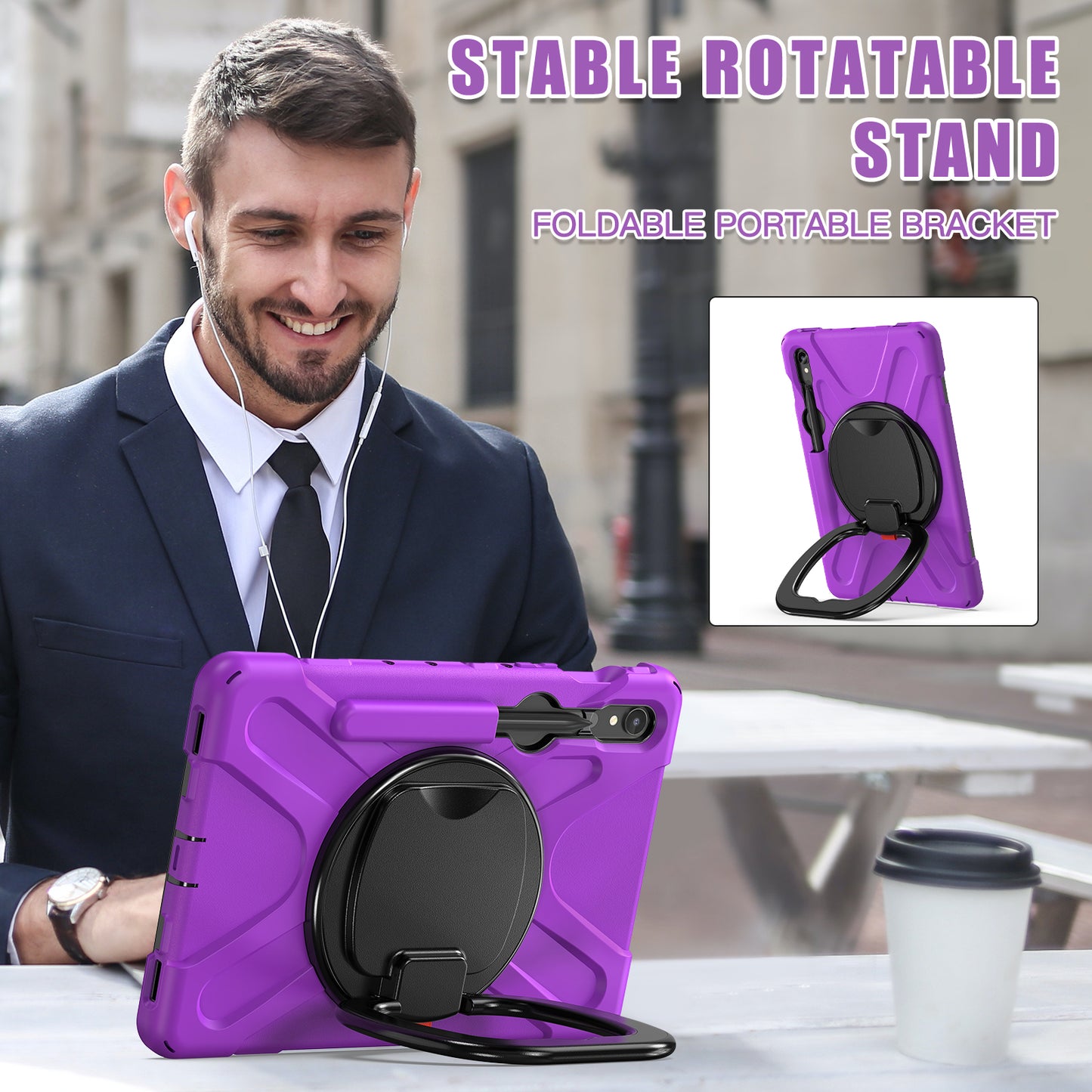 For Samsung Galaxy Tab S9 FE / S9 / S8 / S7 Hard PC+Soft Silicone Case Rotating Kickstand Shockproof Tablet Cover - Purple