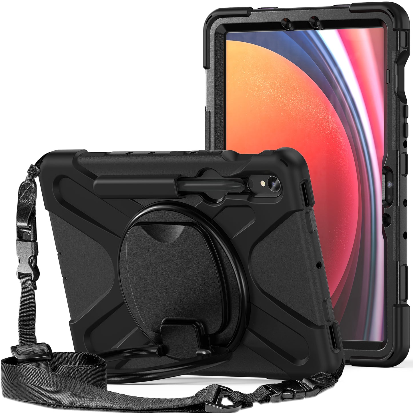 For Samsung Galaxy Tab S9 FE / S9 / S8 / S7 PC+Silicone Protective Case Rotating Kickstand Rugged Tablet Cover with Shoulder Strap - Black+Black