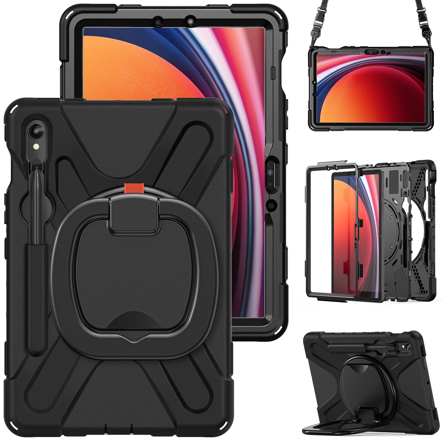For Samsung Galaxy Tab S9 FE / S9 / S8 / S7 PC+Silicone Protective Case Rotating Kickstand Rugged Tablet Cover with Shoulder Strap - Black+Black