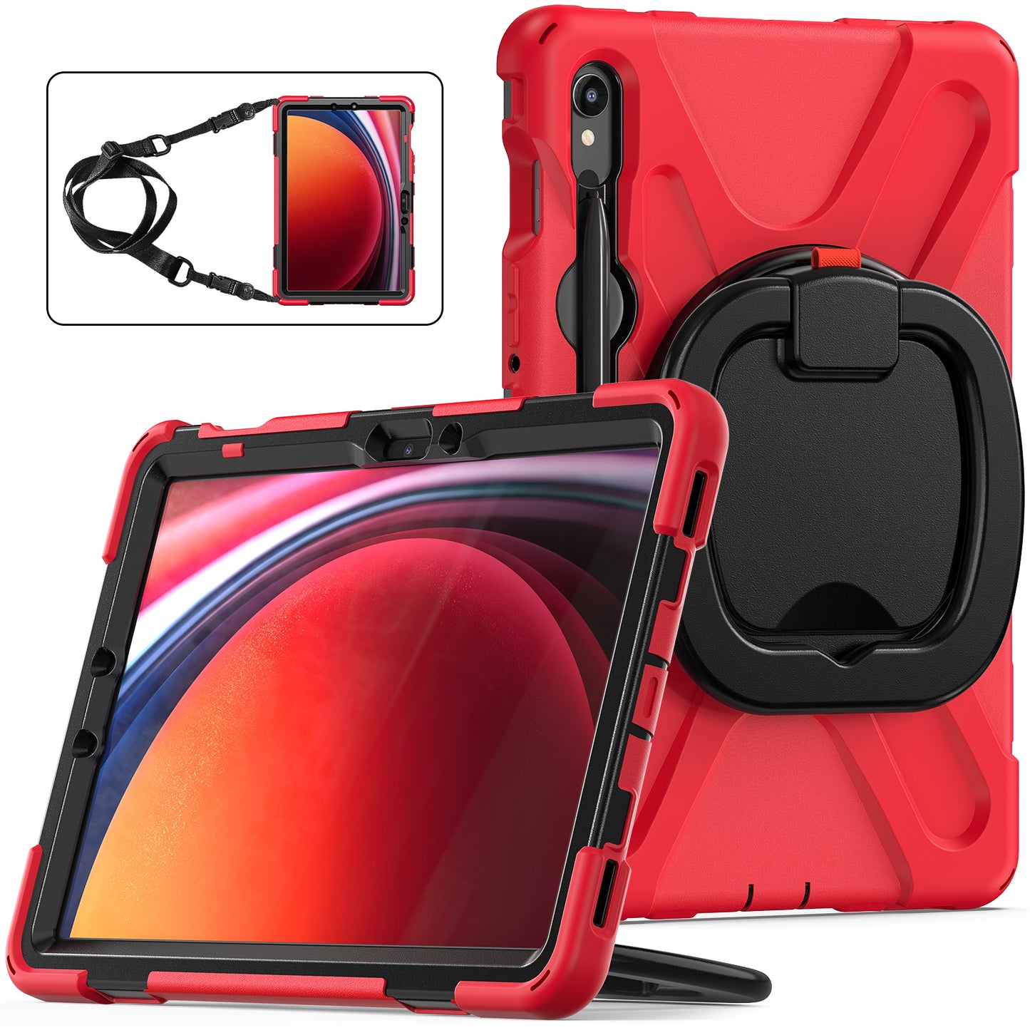For Samsung Galaxy Tab S9 FE / S9 / S8 / S7 PC+Silicone Protective Case Rotating Kickstand Rugged Tablet Cover with Shoulder Strap - Red+Black