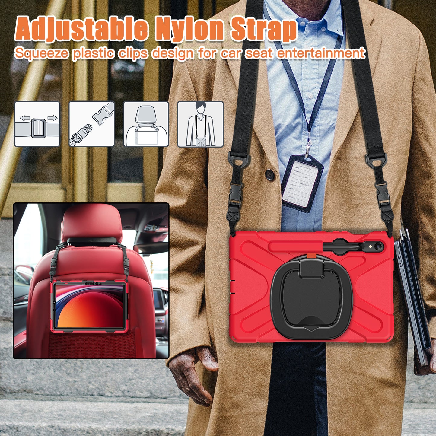 For Samsung Galaxy Tab S9 FE / S9 / S8 / S7 PC+Silicone Protective Case Rotating Kickstand Rugged Tablet Cover with Shoulder Strap - Red+Black