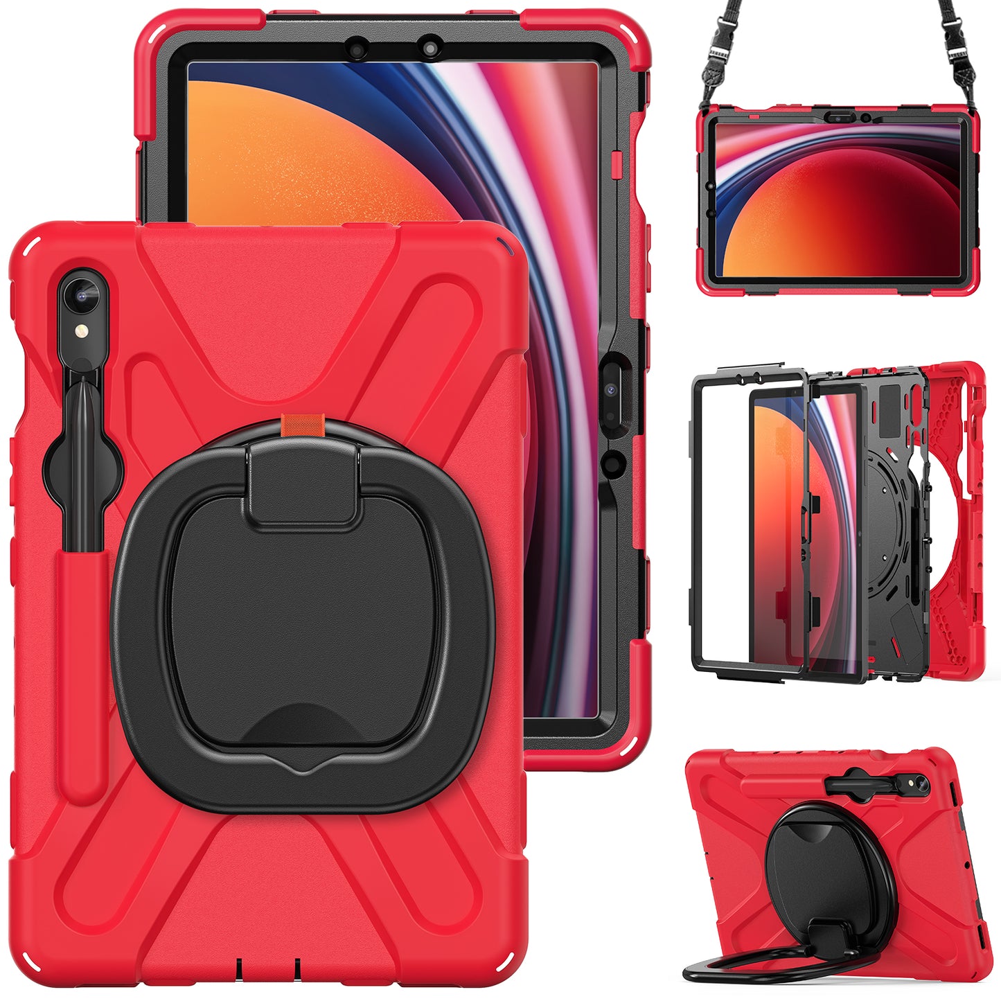 For Samsung Galaxy Tab S9 FE / S9 / S8 / S7 PC+Silicone Protective Case Rotating Kickstand Rugged Tablet Cover with Shoulder Strap - Red+Black