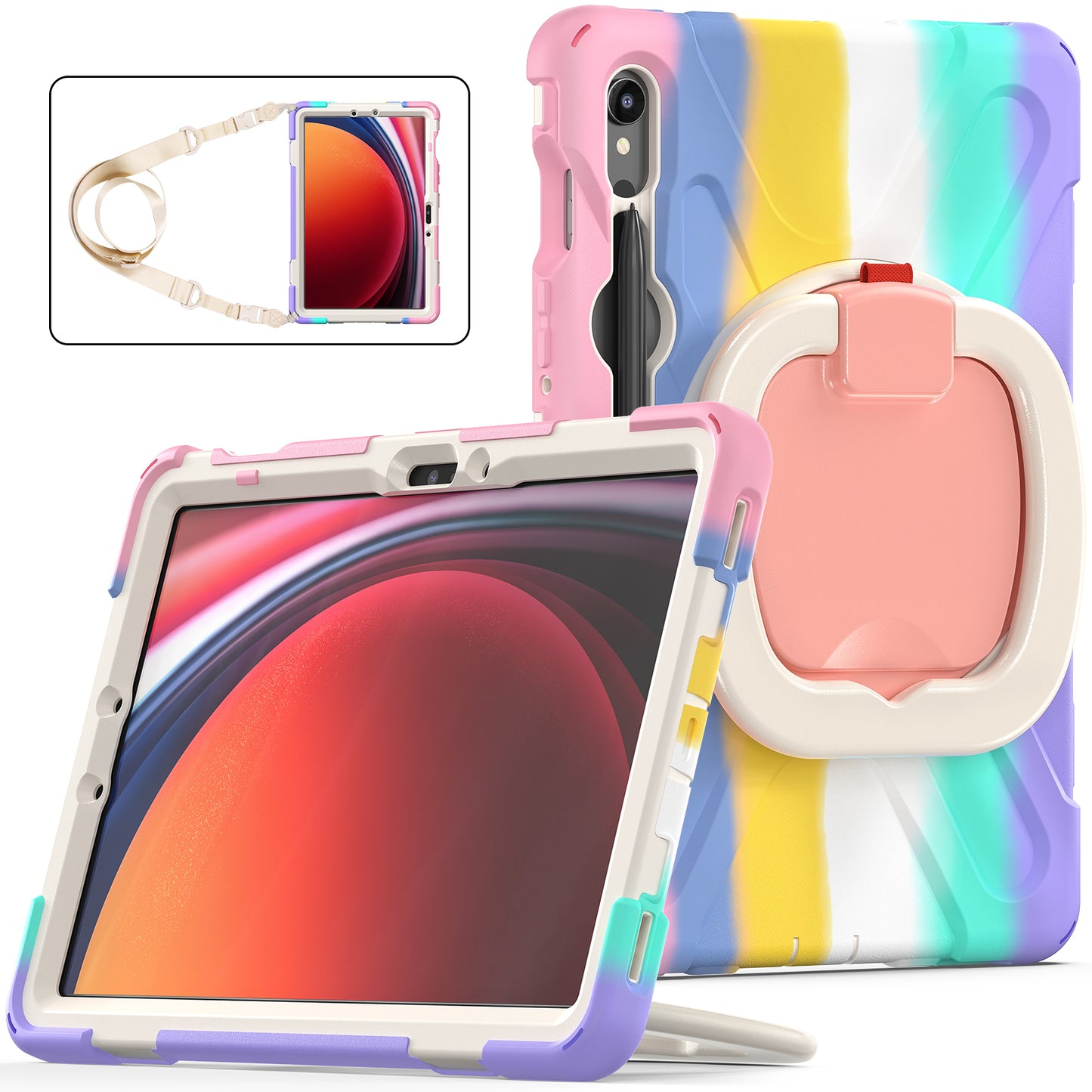 For Samsung Galaxy Tab S9 FE / S9 / S8 / S7 PC+Silicone Protective Case Rotating Kickstand Rugged Tablet Cover with Shoulder Strap - Colorful Pink