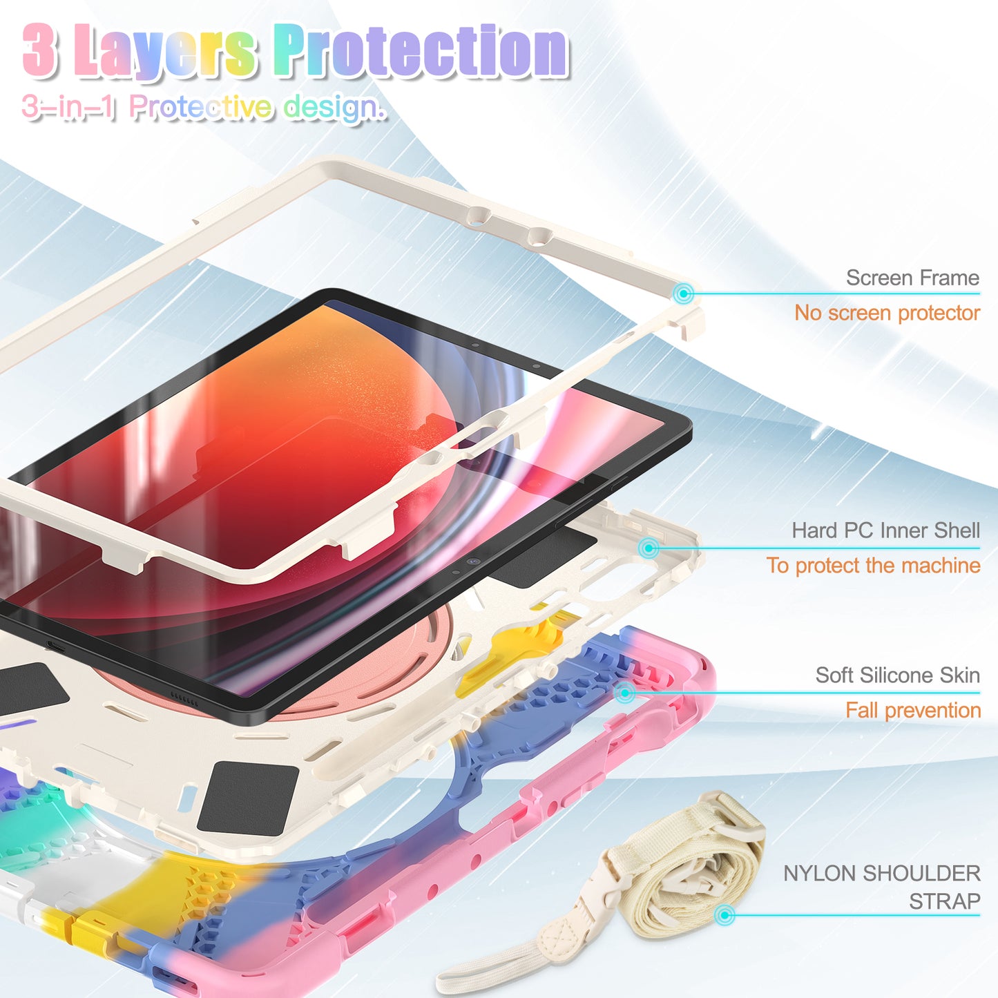 For Samsung Galaxy Tab S9 FE / S9 / S8 / S7 PC+Silicone Protective Case Rotating Kickstand Rugged Tablet Cover with Shoulder Strap - Colorful Pink