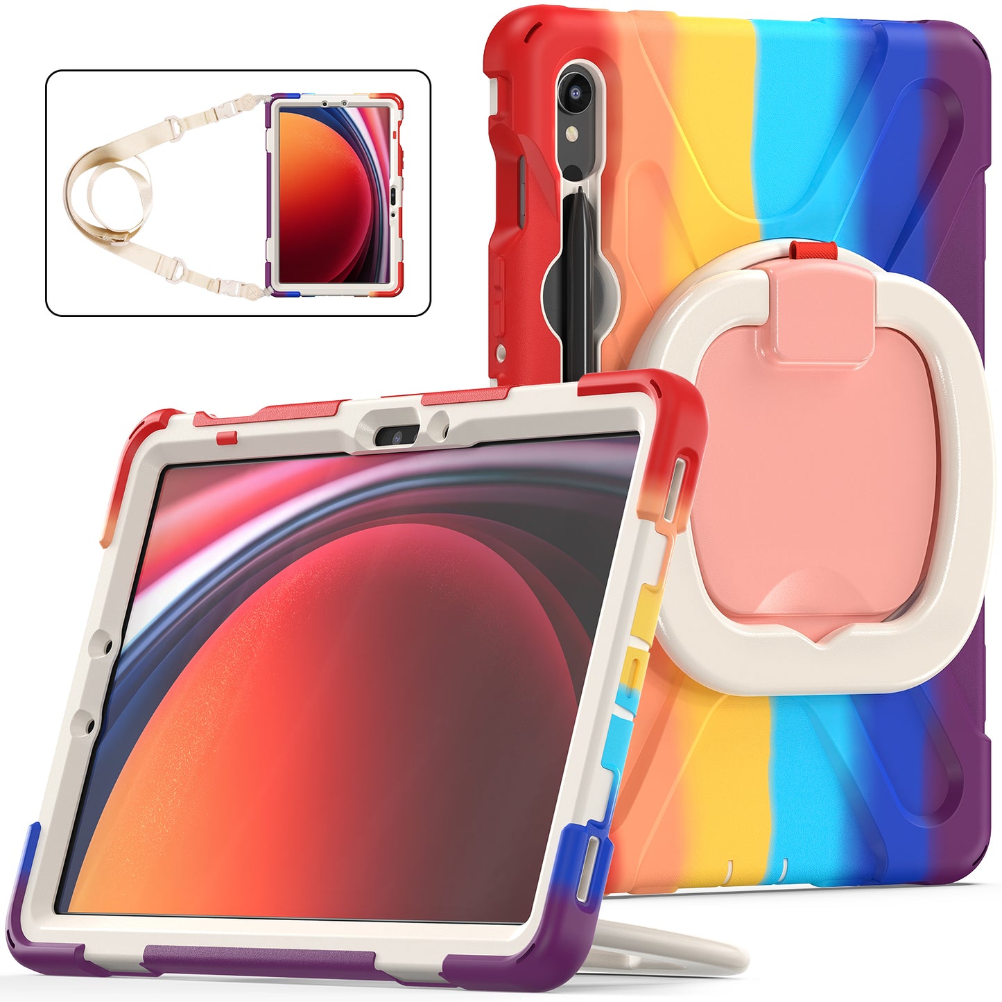 For Samsung Galaxy Tab S9 FE / S9 / S8 / S7 PC+Silicone Protective Case Rotating Kickstand Rugged Tablet Cover with Shoulder Strap - Colorful Red