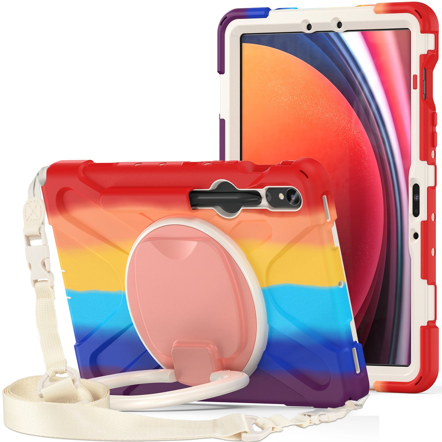 For Samsung Galaxy Tab S9 FE / S9 / S8 / S7 PC+Silicone Protective Case Rotating Kickstand Rugged Tablet Cover with Shoulder Strap - Colorful Red