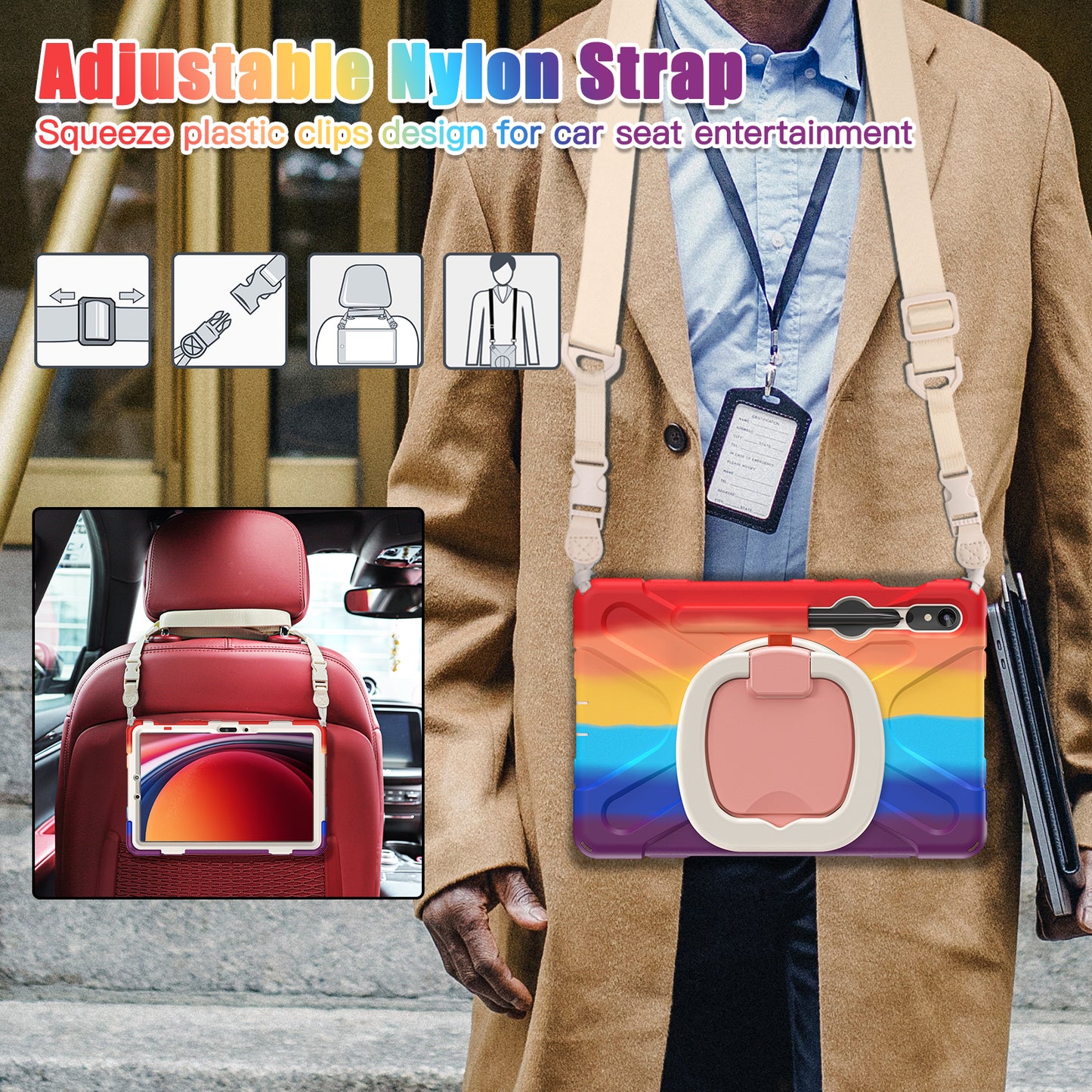 For Samsung Galaxy Tab S9 FE / S9 / S8 / S7 PC+Silicone Protective Case Rotating Kickstand Rugged Tablet Cover with Shoulder Strap - Colorful Red