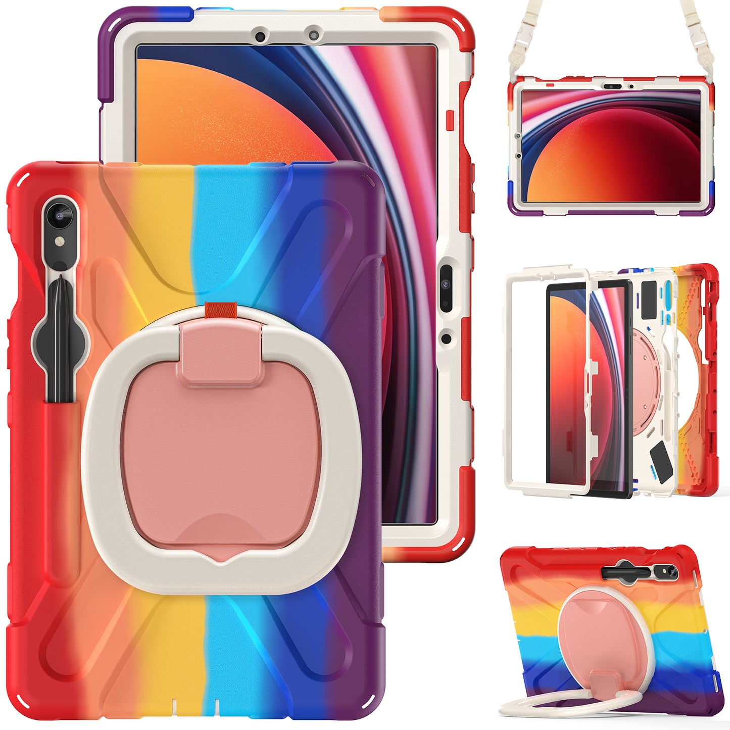 For Samsung Galaxy Tab S9 FE / S9 / S8 / S7 PC+Silicone Protective Case Rotating Kickstand Rugged Tablet Cover with Shoulder Strap - Colorful Red