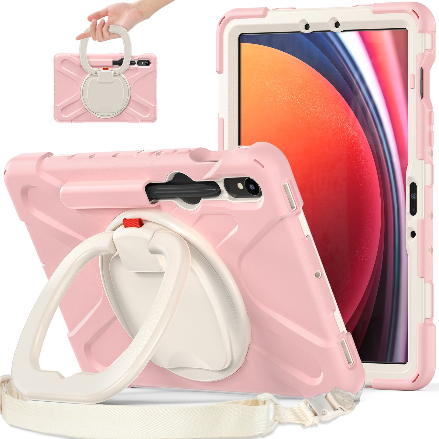 For Samsung Galaxy Tab S9 FE / S9 / S8 / S7 PC+Silicone Protective Case Rotating Kickstand Rugged Tablet Cover with Shoulder Strap - Pink