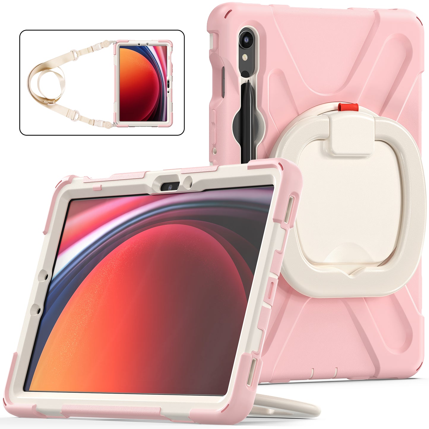 For Samsung Galaxy Tab S9 FE / S9 / S8 / S7 PC+Silicone Protective Case Rotating Kickstand Rugged Tablet Cover with Shoulder Strap - Pink